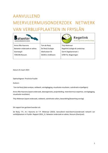Aanvullend meervleermuisonderzoek netwerk van verblijfplaatsen in Fryslân