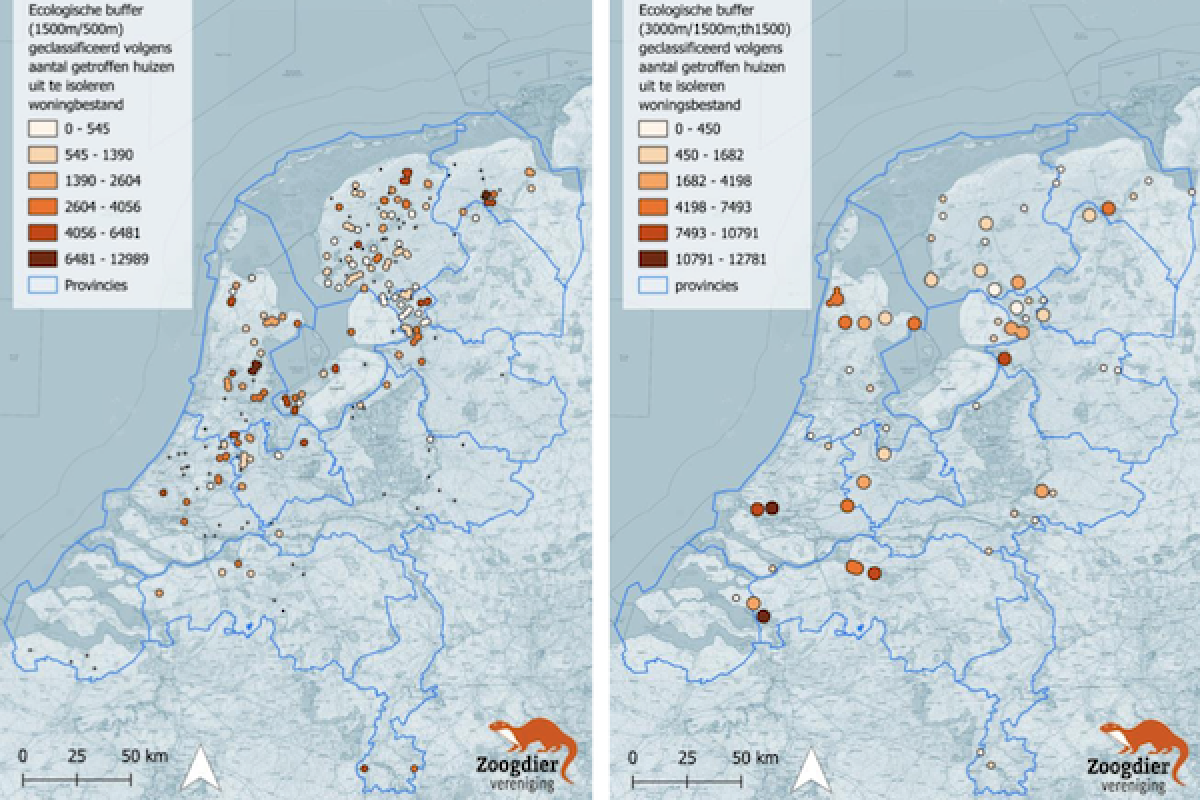 Overzicht kaarten van ecologische buffer scenario’s voor groep A(1500 m vrouw) link en groep B (3000 m) rechts